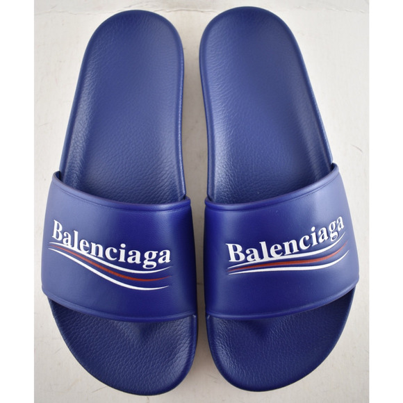 Balenciaga Blue Leather Campaign Logo Slide Pool Sandal Flip Flop Flat 44 11 main image 15
